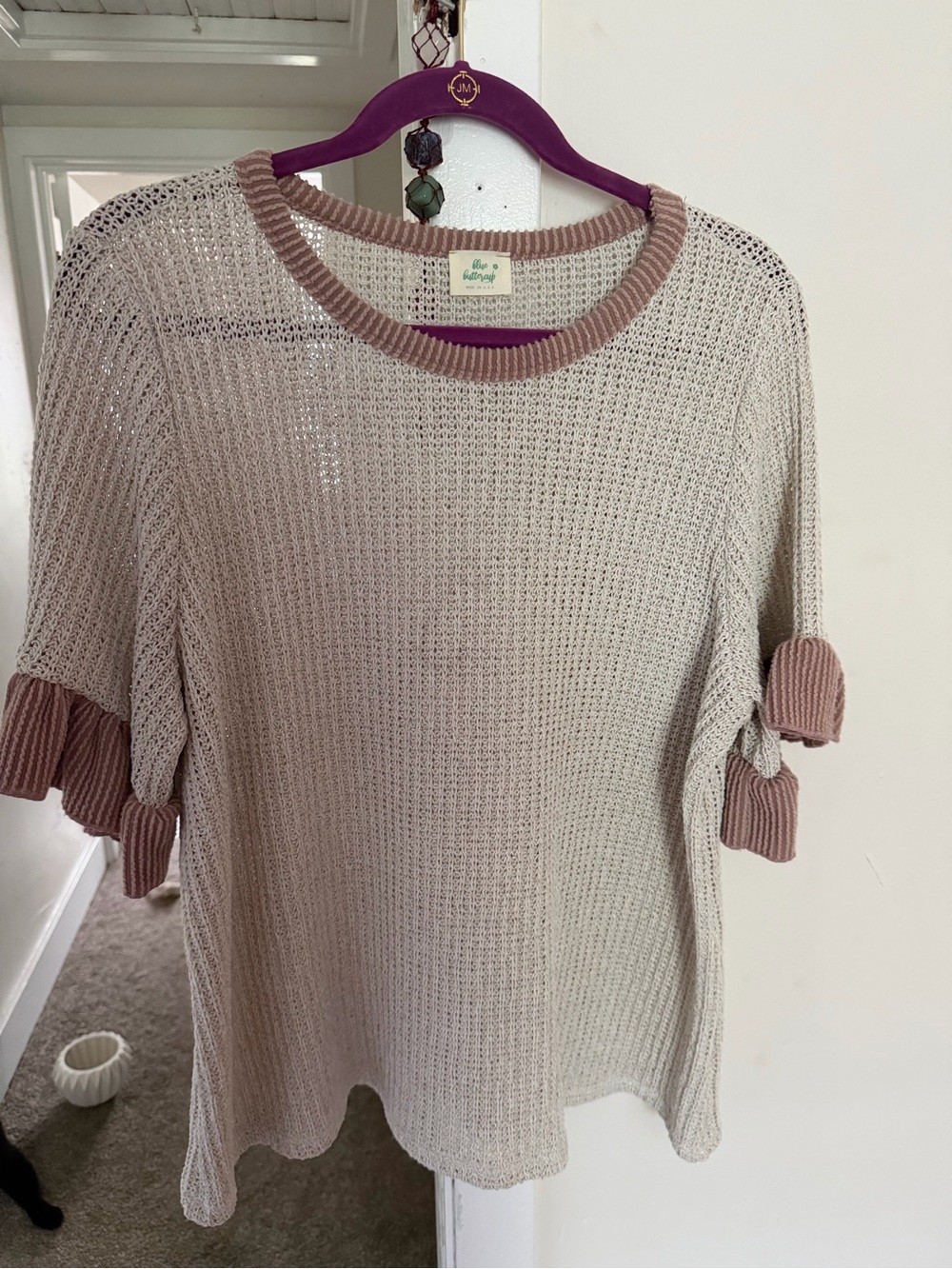 Blu Pepper Taupe Open-Knit Sweater with Dusty Rose Trim